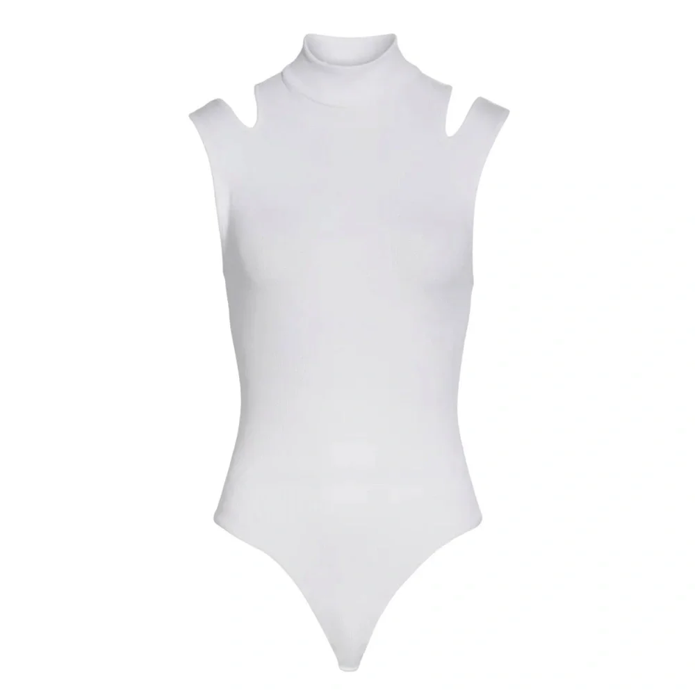 Free People Ribbed + Ready Bodysuit Top Large 12 White Snap Crotch Cut Out Neck